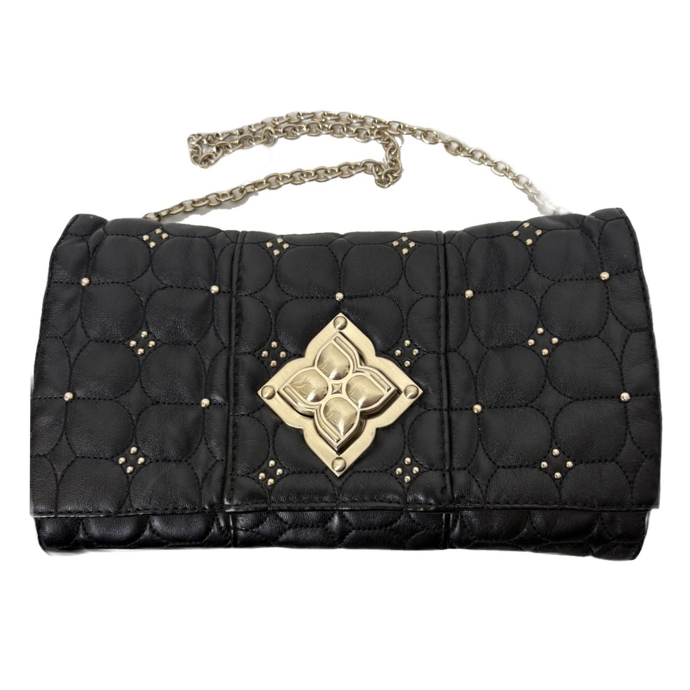 BCBGMaxAzria Studded Black Quilted Faux Leather Clutch with Logo Turn Lock